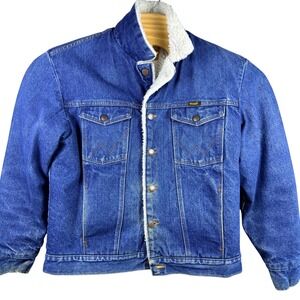 VINTAGE 80s Wrangler Mens Sherpa Lined Denim Jacket Western Blue Size Medium